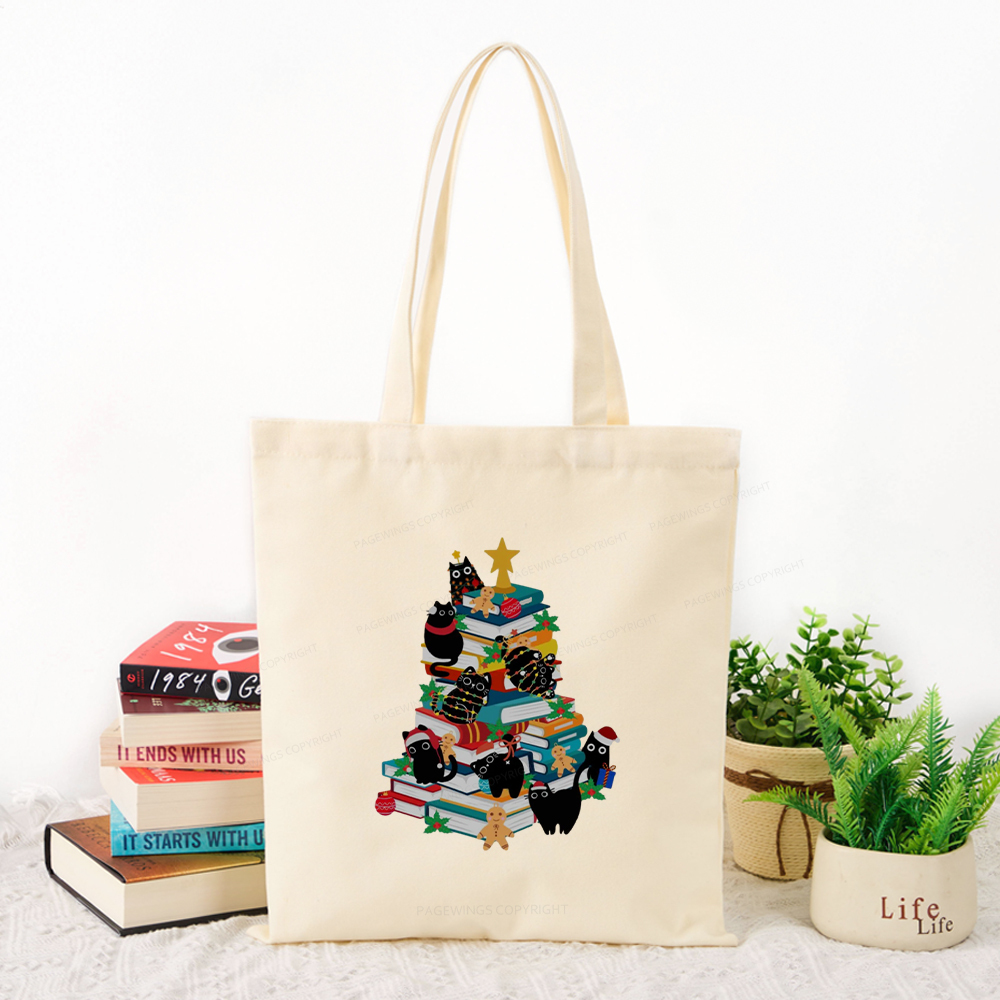 Pagewings Cute Cats Books Christmas Tree Tote Bag