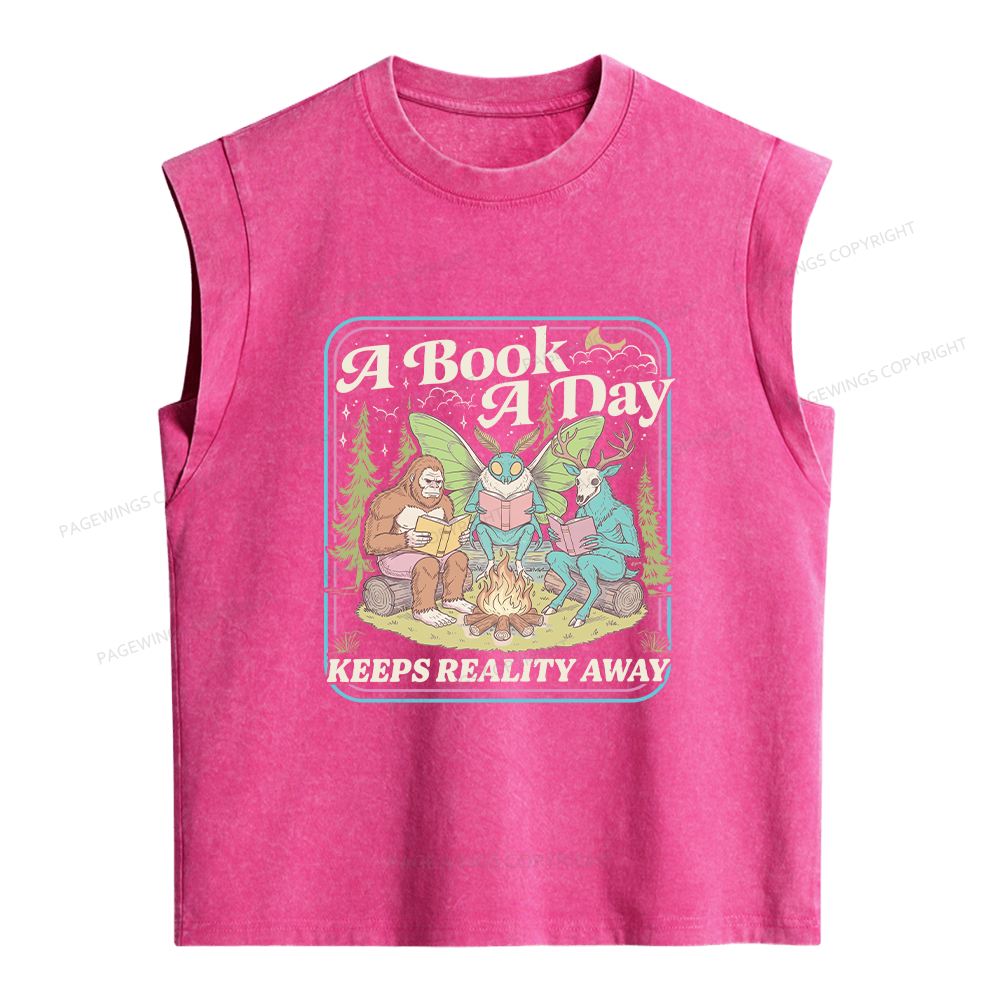 Pagewings A Book A Day Keeps Reality Away Women's Washed Tank Top