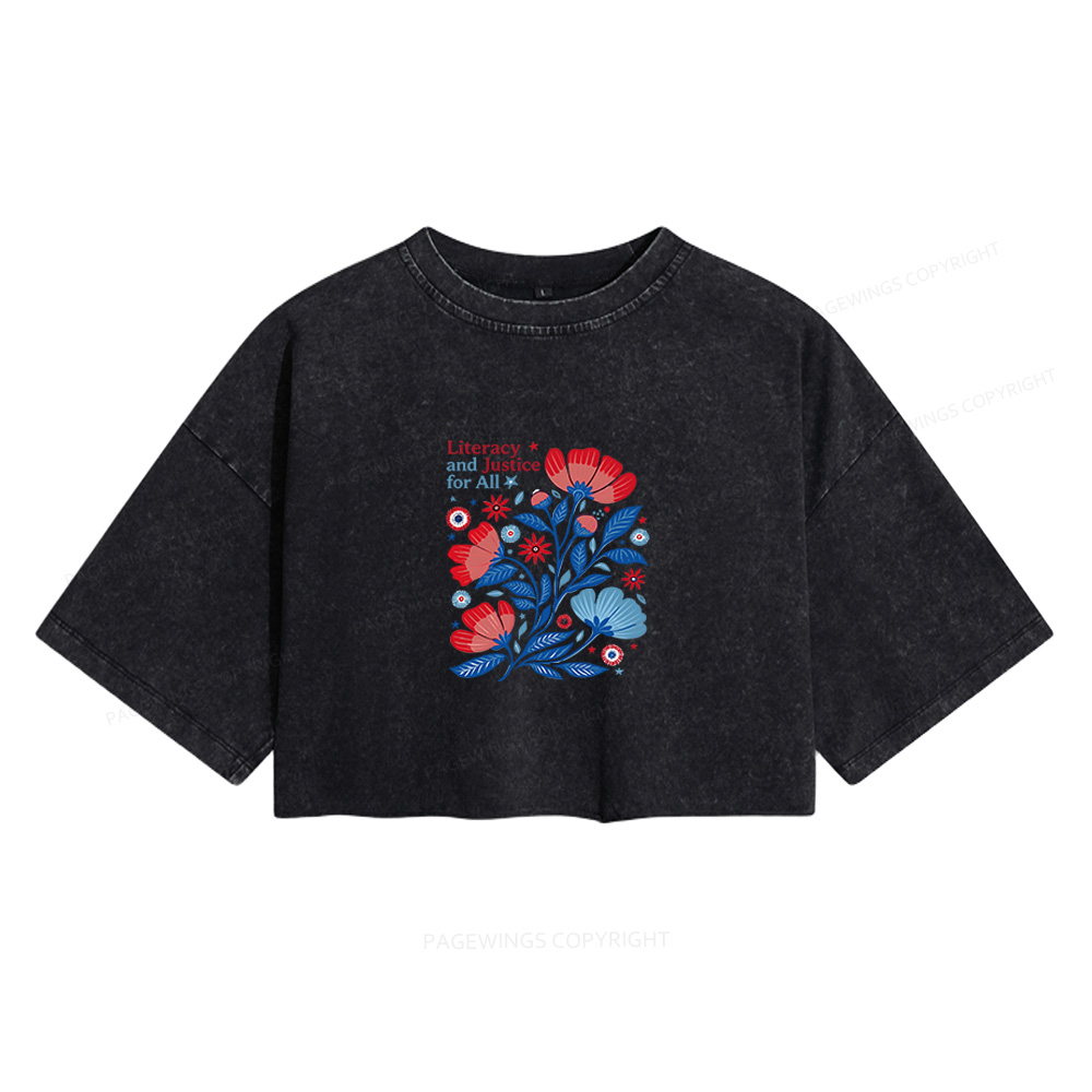 Pagewings Literacy and Justice for All Women's Washed Cropped T-shirt