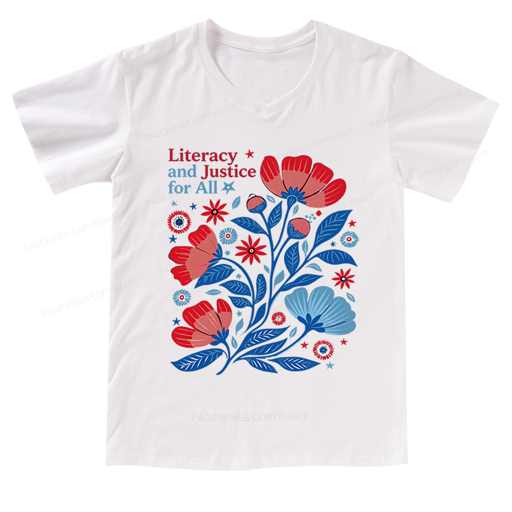Pagewings Literacy and Justice for All V-neck T-shirt