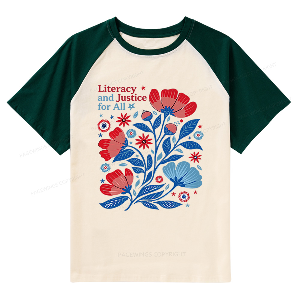 Pagewings Literacy and Justice for All Raglan T-shirt