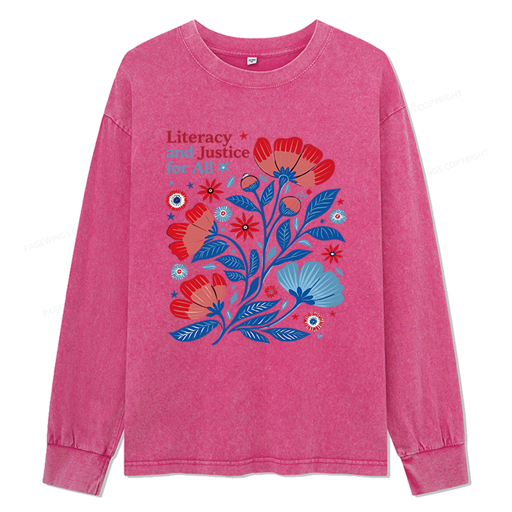 Pagewings Literacy and Justice for All Unisex Washed Long Sleeve T-shirt