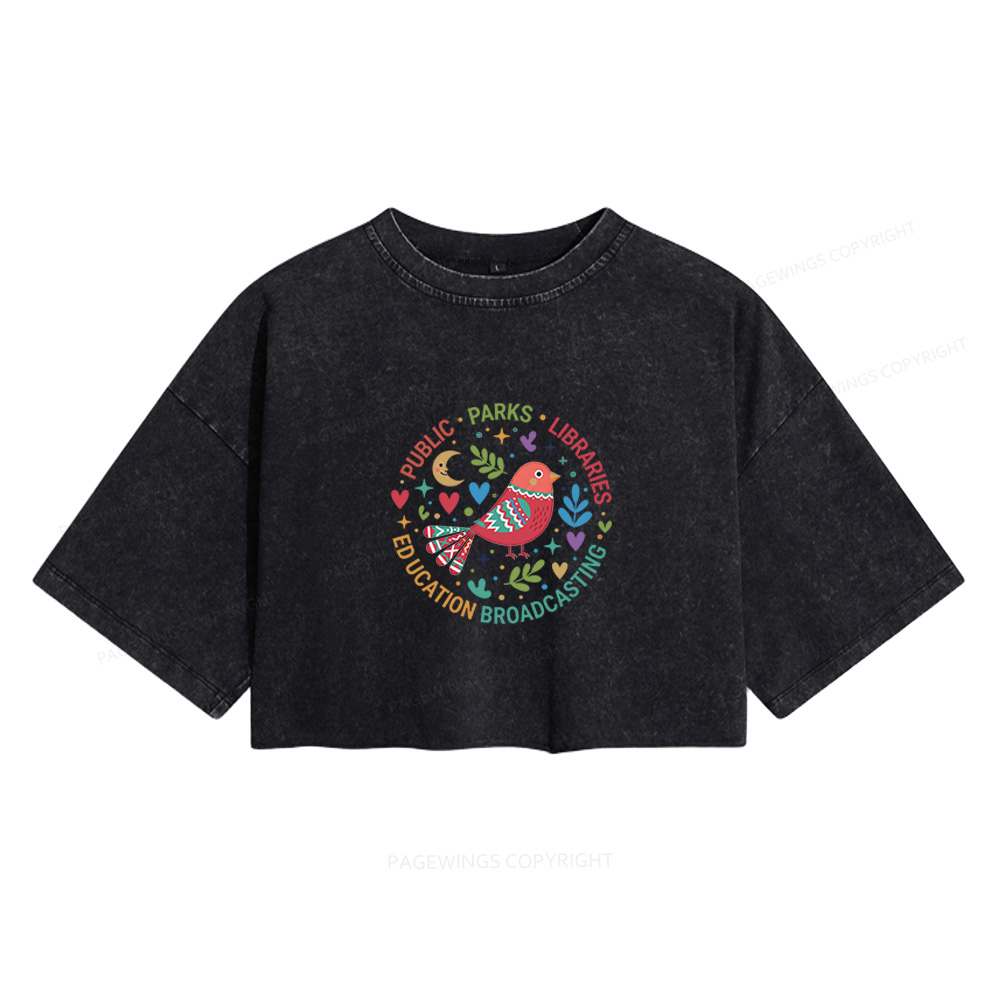 Pagewings Public Parks Libraries Education Broadcasting Women's Washed Cropped T-shirt