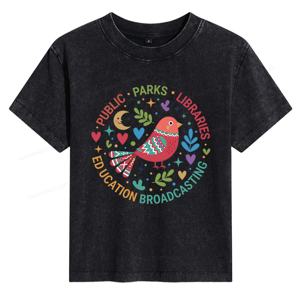 Pagewings Public Parks Libraries Education Broadcasting Women's Washed T-shirt