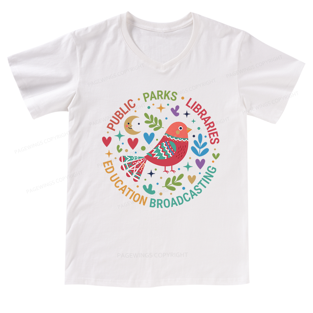 Pagewings Public Parks Libraries Education Broadcasting V-neck T-shirt