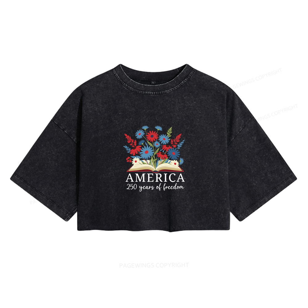 Pagewings Floral Patriotic America 250 Women's Washed Cropped T-shirt