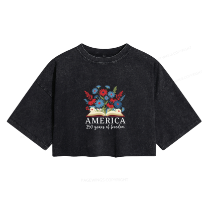Pagewings Floral Patriotic America 250 Women's Washed Cropped T-shirt