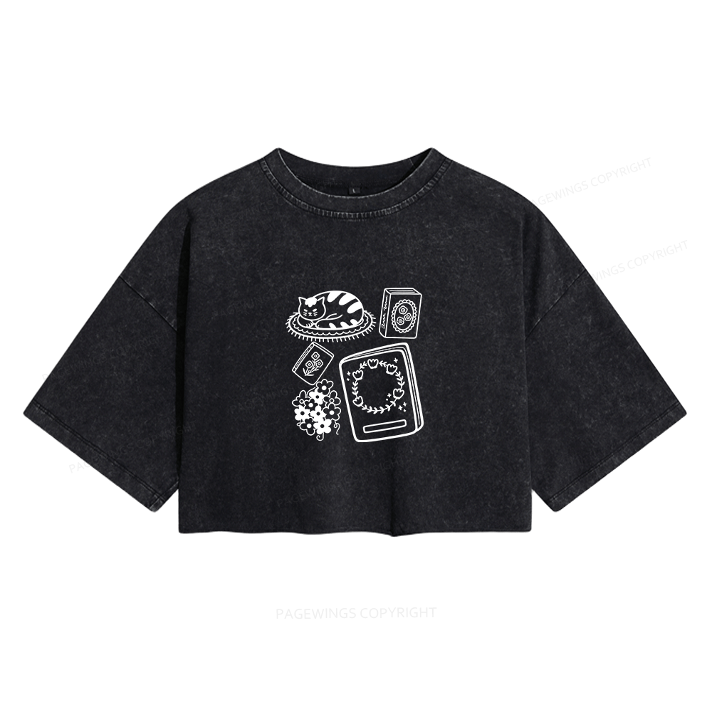 Pagewings Cat And Books Women's Washed Cropped T-shirt