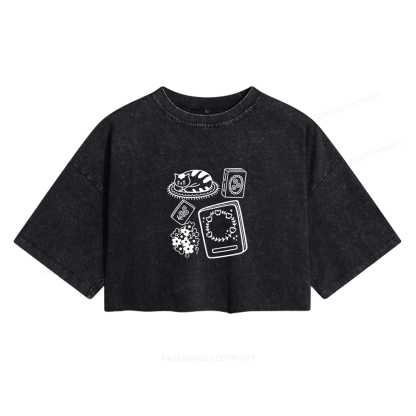 Pagewings Cat And Books Women's Washed Cropped T-shirt