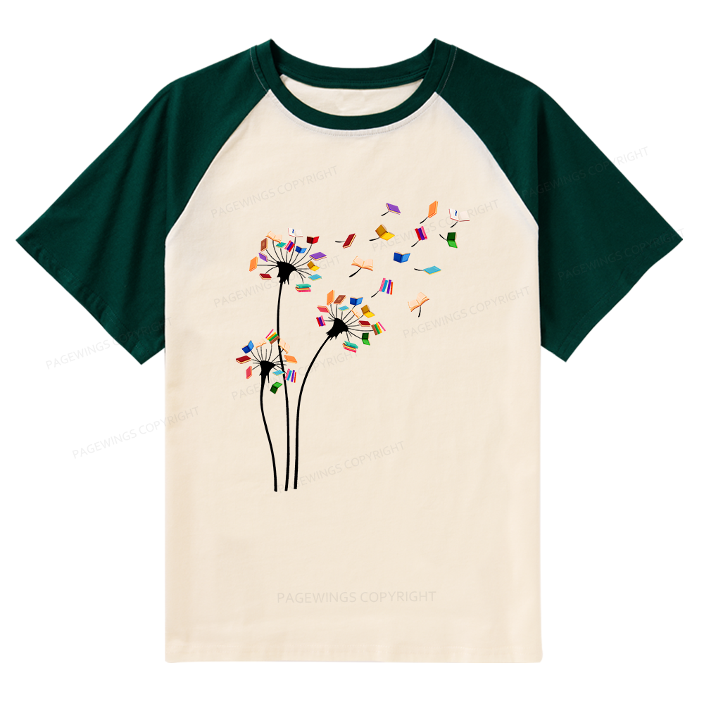 Pagewings Cute Dandelion Books Flower Fly Raglan T-shirt