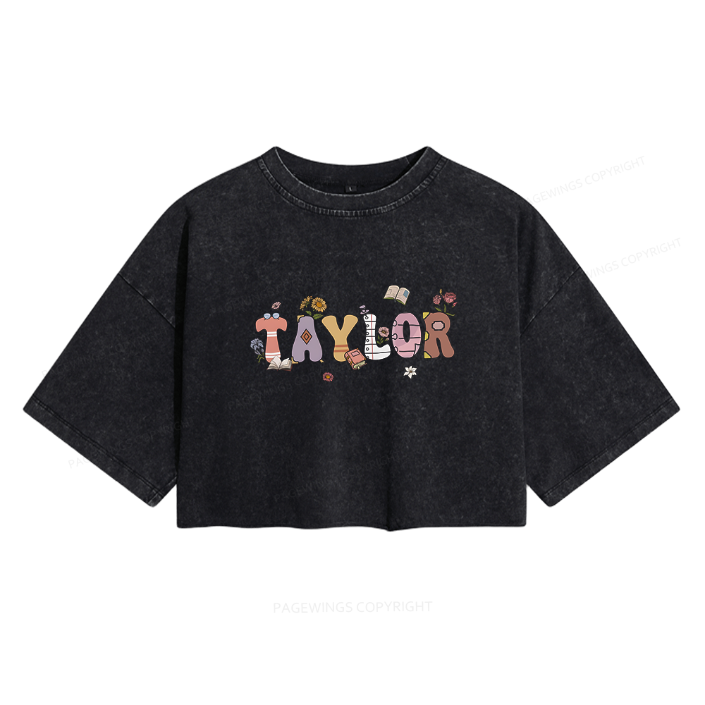 Pagewings Personalized Name Bookworm Women's Washed Cropped T-shirt