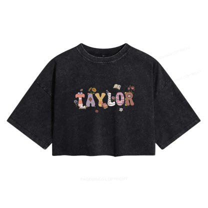 Pagewings Personalized Name Bookworm Women's Washed Cropped T-shirt