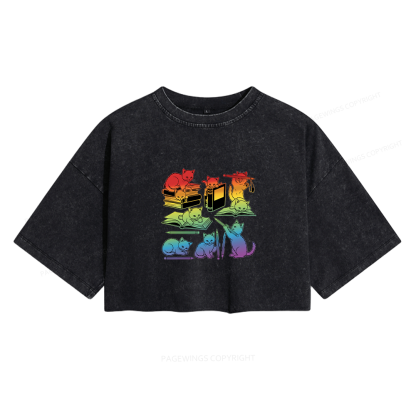 Pagewings Rainbow Cats Women's Washed Cropped T-shirt