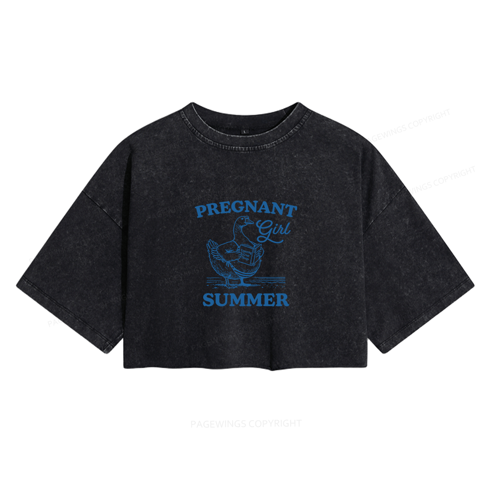 Pagewings Pregnant Girl Summer Women's Washed Cropped T-shirt