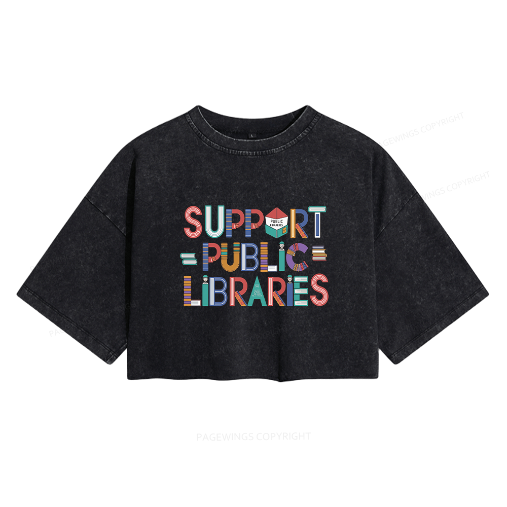 Pagewings Support Public Libraries Women's Washed Cropped T-shirt