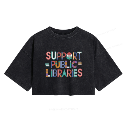 Pagewings Support Public Libraries Women's Washed Cropped T-shirt