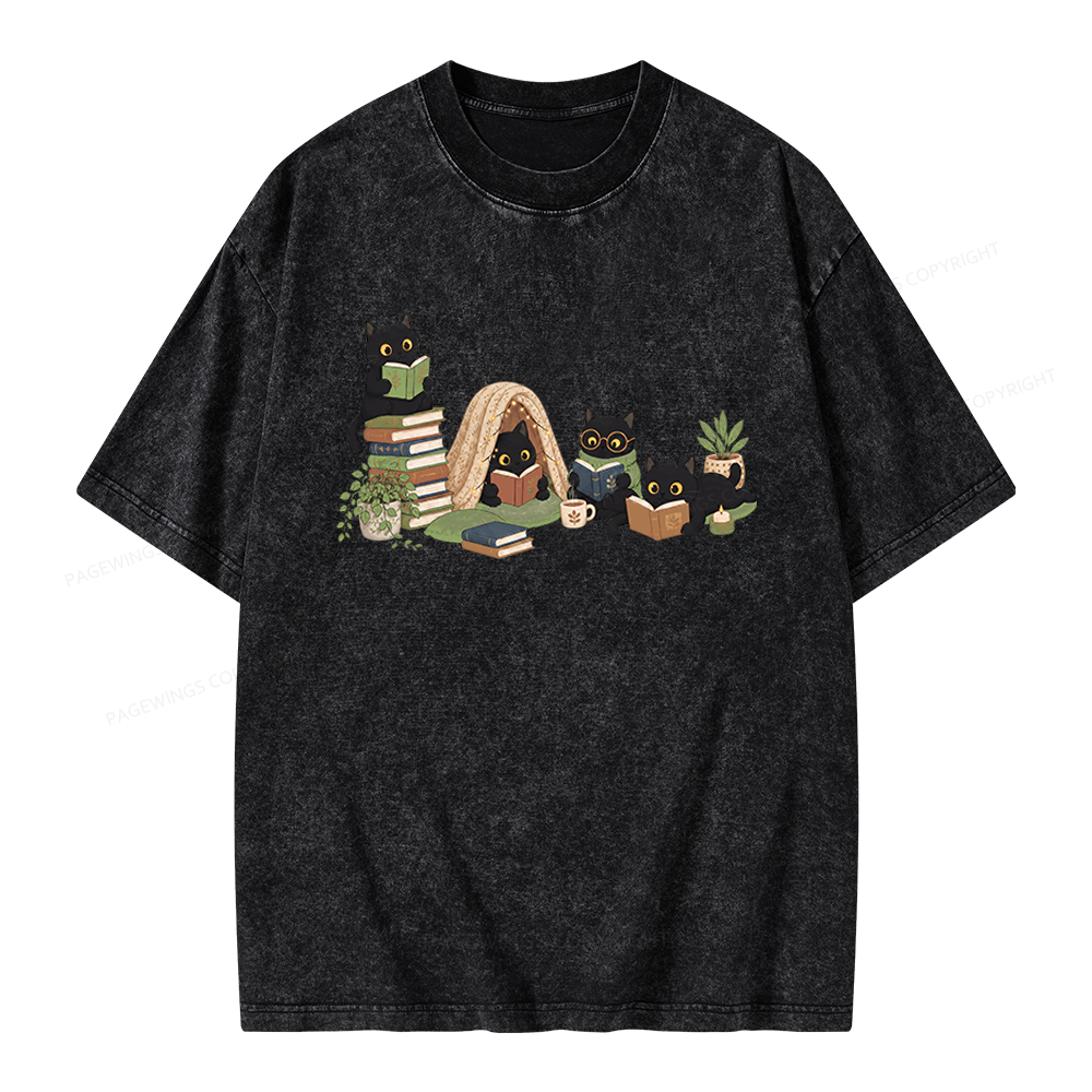 Pagewings Black Cat Reading Unisex Washed T-shirt