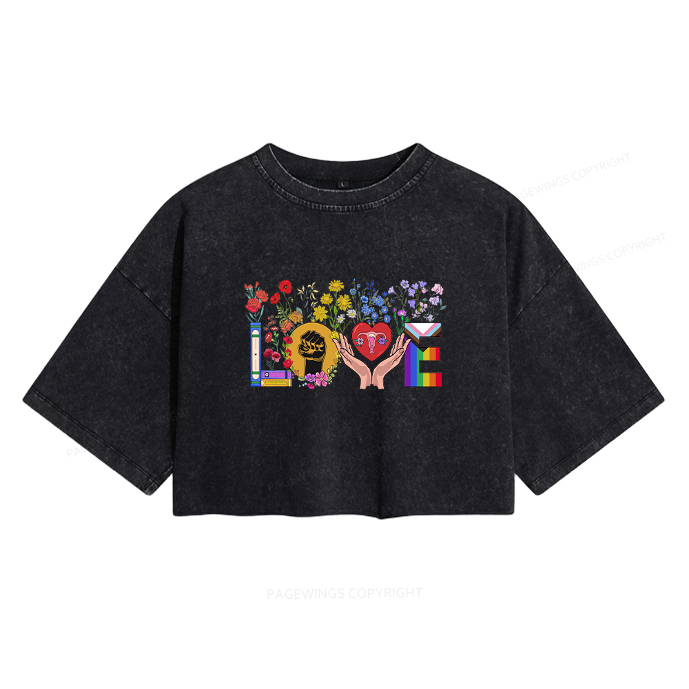 Pagewings Floral Love Human Rights Women's Washed Cropped T-shirt