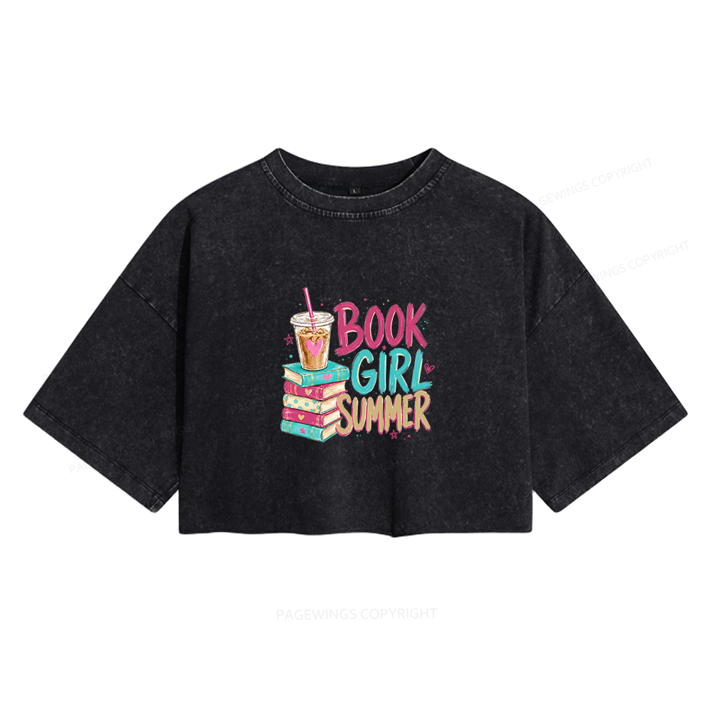 Pagewings Book Girl Summer Women's Washed Cropped T-shirt