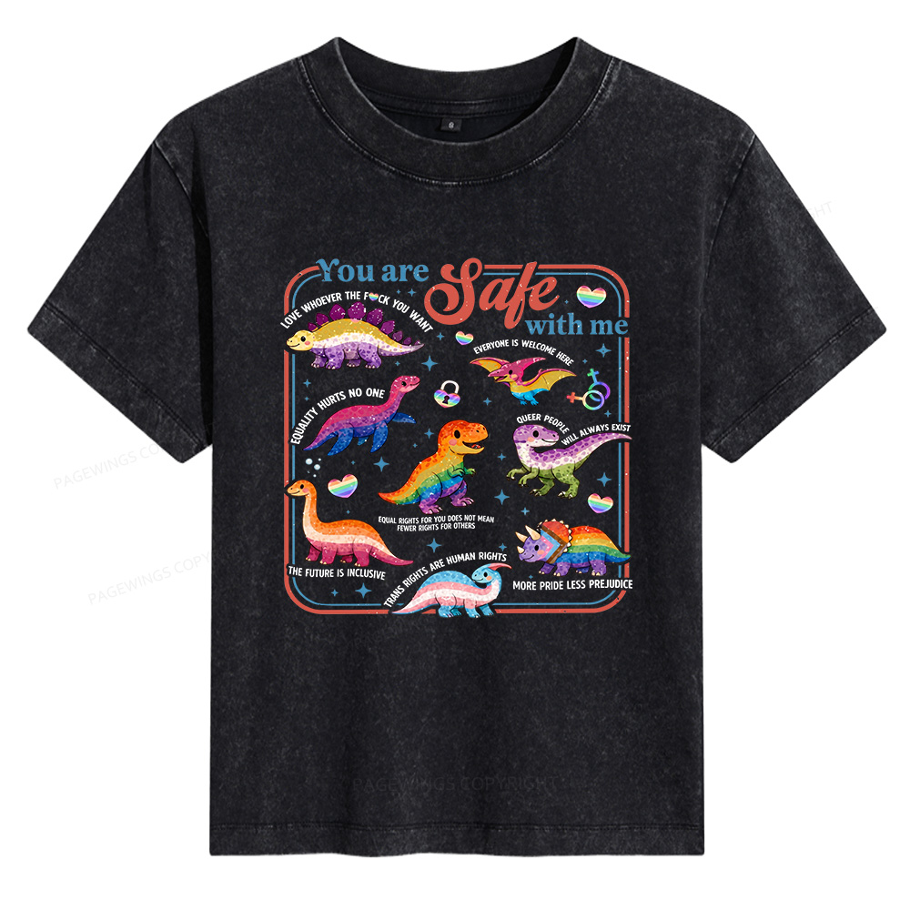 Pagewings Dinosaur Rainbow Women's Washed T-shirt