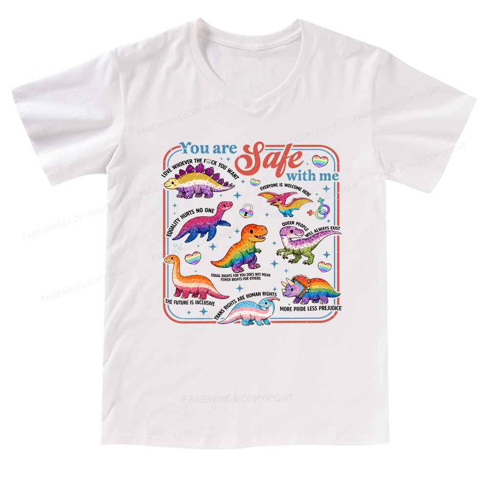 Pagewings Dinosaur Rainbow V-neck T-shirt