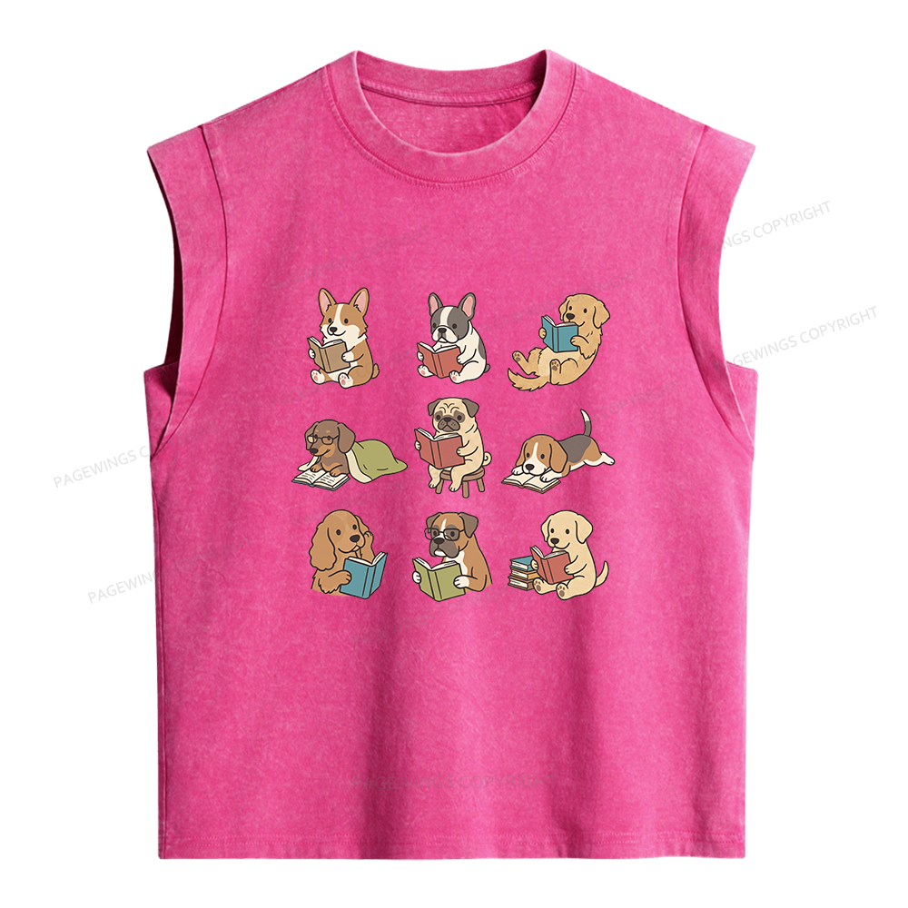 Pagewings Funny Dog Reading Women's Washed Tank Top