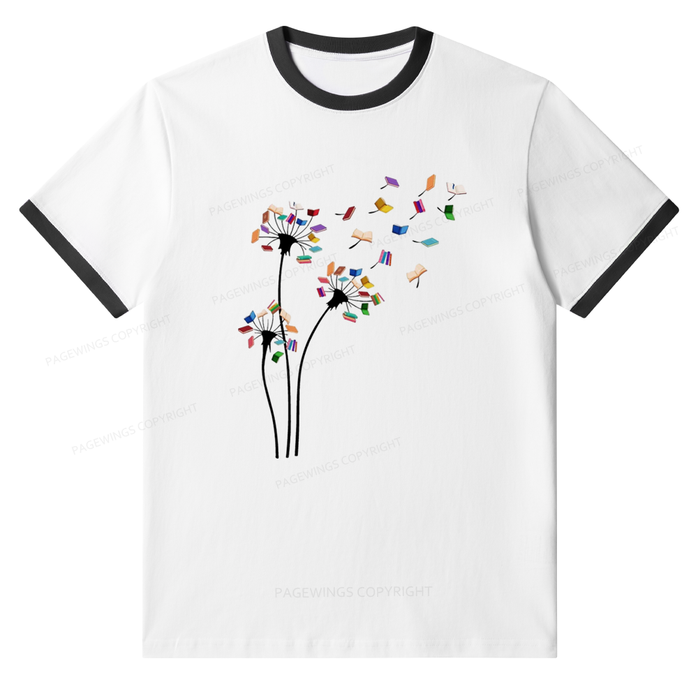 Pagewings Cute Dandelion Books Flower Fly Unisex Ringer T-Shirt