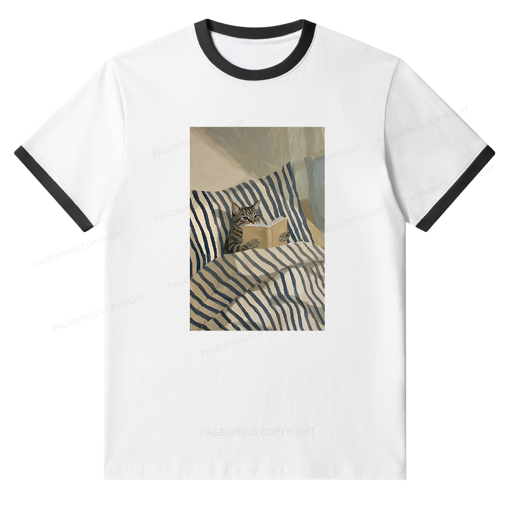 Pagewings Cat Reading Book Unisex Ringer T-Shirt 