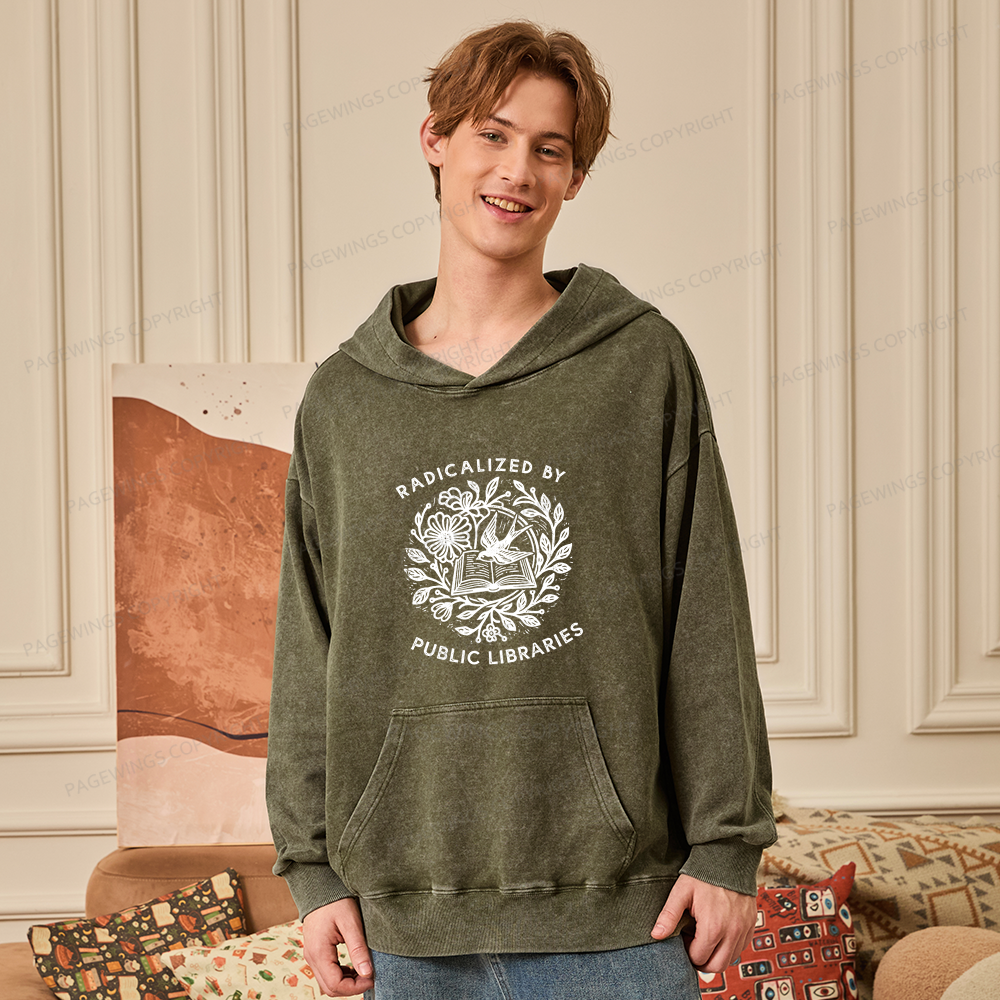 Pagewings Radicalized By Public Libraries Unisex Washed Hoodie