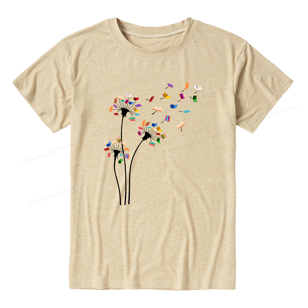 Pagewings Soft Cute Dandelion Books Flower Fly 10035 Bookish Unisex Heather T-Shirt