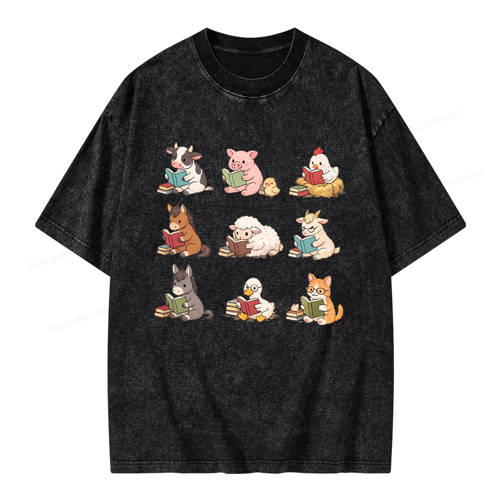 Pagewing Farm Animals Reading Unisex Washed T-shirt