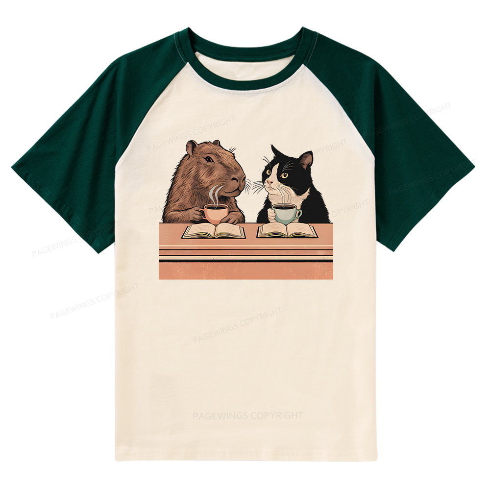 Pagewings Capybara and Tuxedo Cat 11180 Bookish Raglan T-shirt