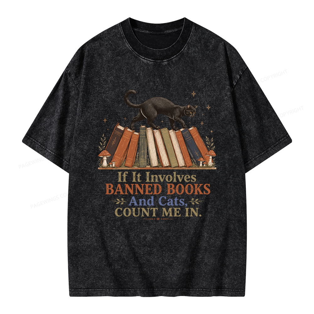 Pagewing Cat Read Banned Books Unisex Washed T-shirt