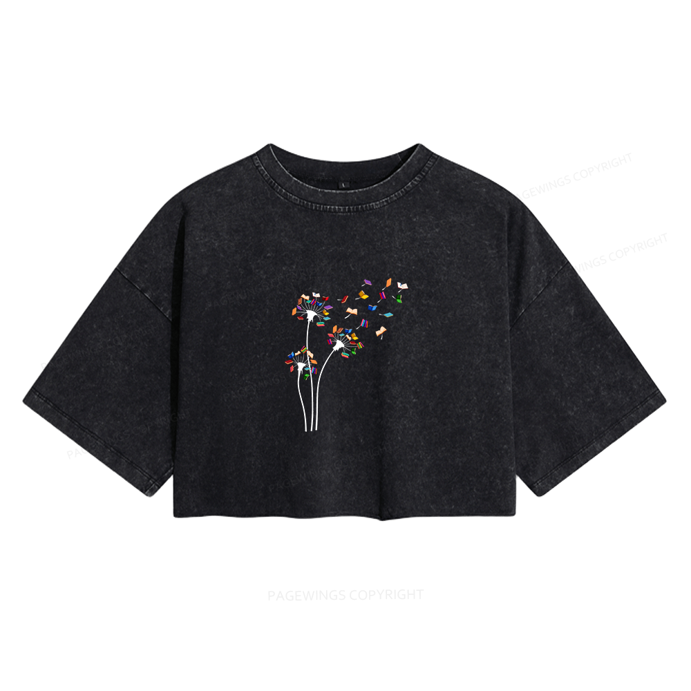 Pagewings Cute Dandelion Books Flower Fly Reading Fan Club Women's Washed Cropped T-shirt