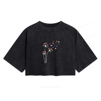 Pagewings Cute Dandelion Books Flower Fly Reading Fan Club Women's Washed Cropped T-shirt