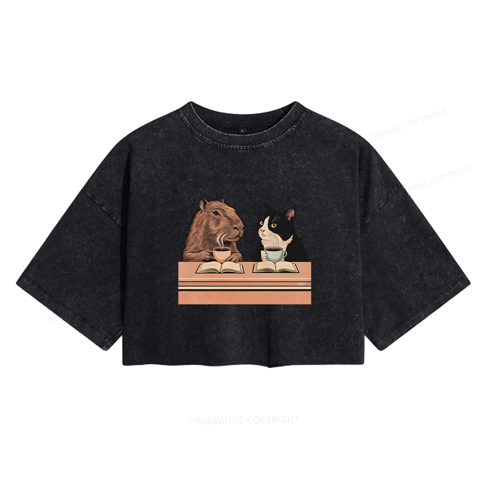 Pagewings Capybara and Tuxedo Cat Women's Washed Cropped T-shirt
