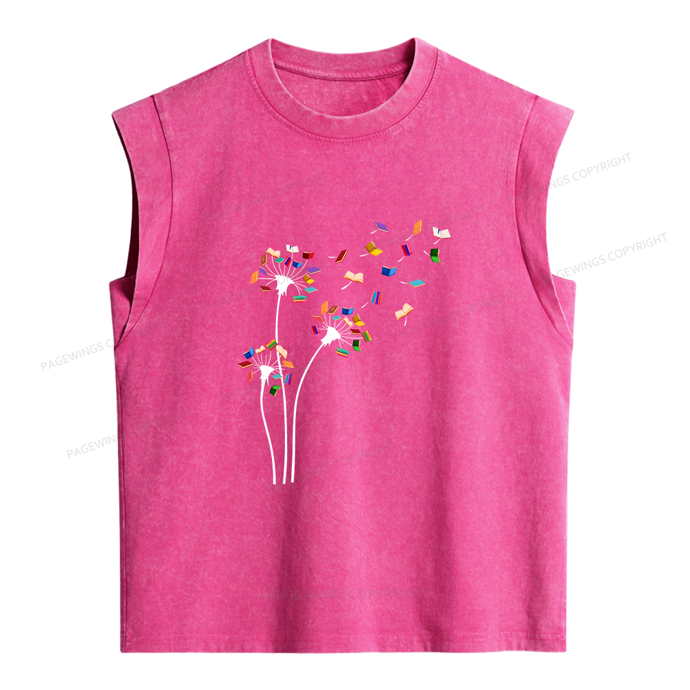 Pagewings Cute Dandelion Books Flower Fly 10035 Bookish Women's Washed Tank Top