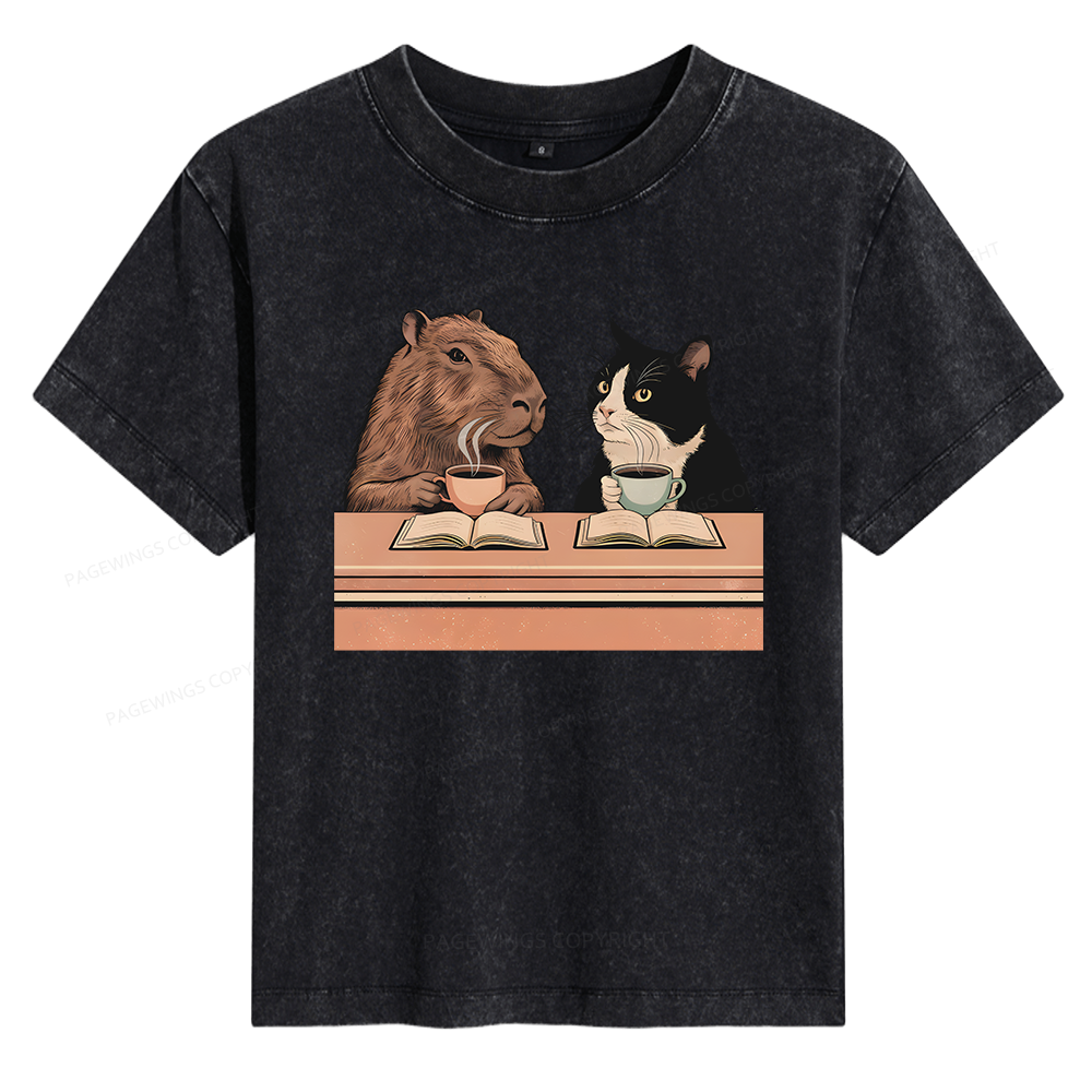 Pagewings Capybara and Tuxedo Cat Chilling with Coffee 11180 Bookish Women's Washed T-shirt