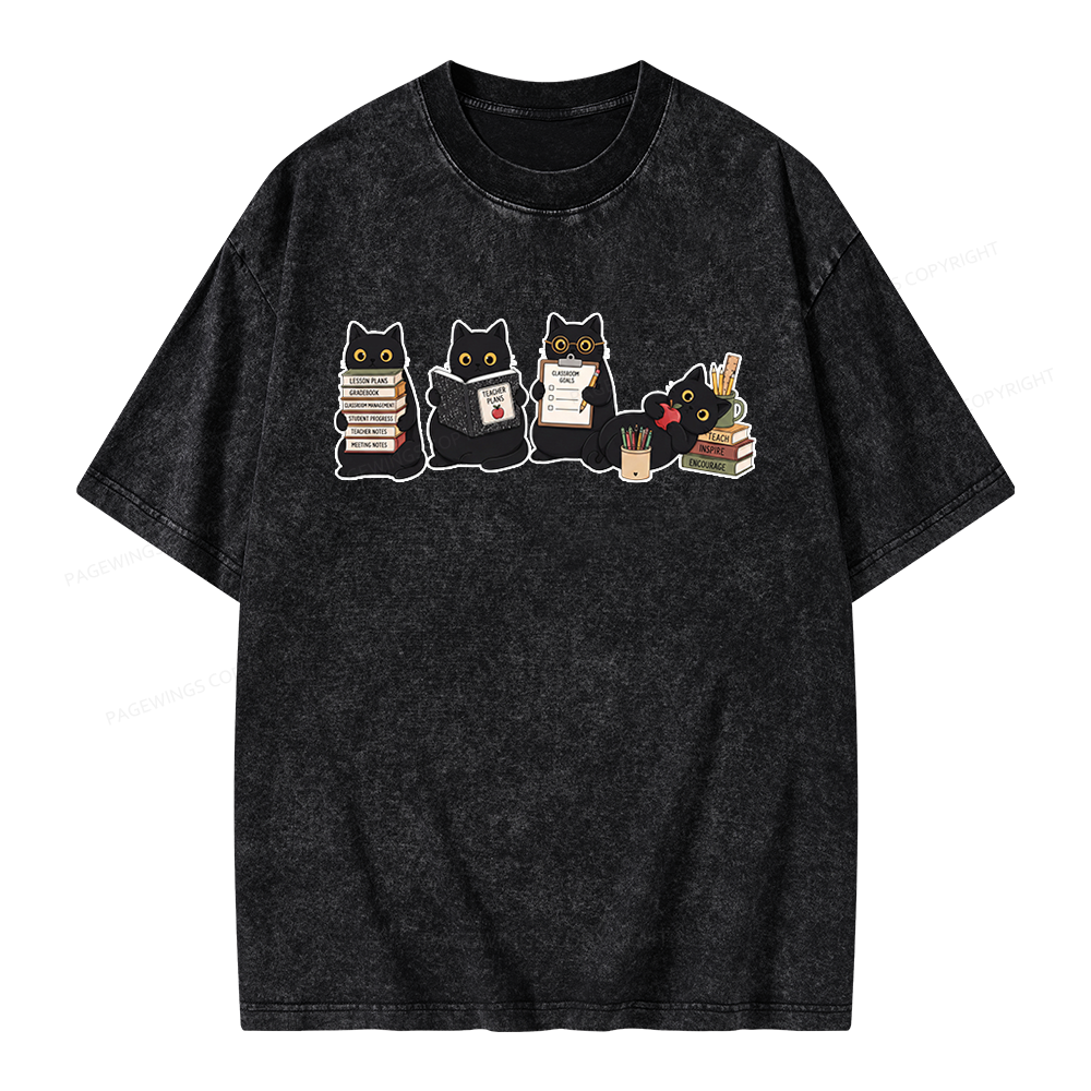 Pagewings Black Cat Teacher Unisex Washed T-shirt