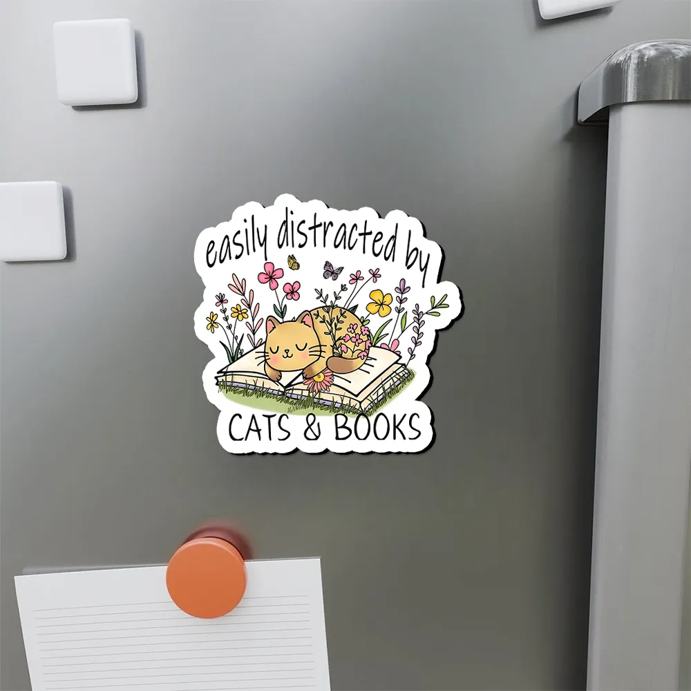 Pagewings Easily Distracted By Cats And Books Fridge Magnet