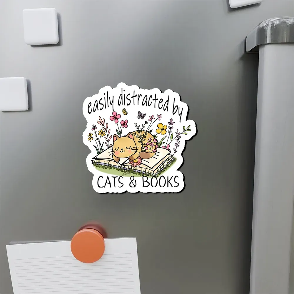 Pagewings Easily Distracted By Cats And Books Fridge Magnet