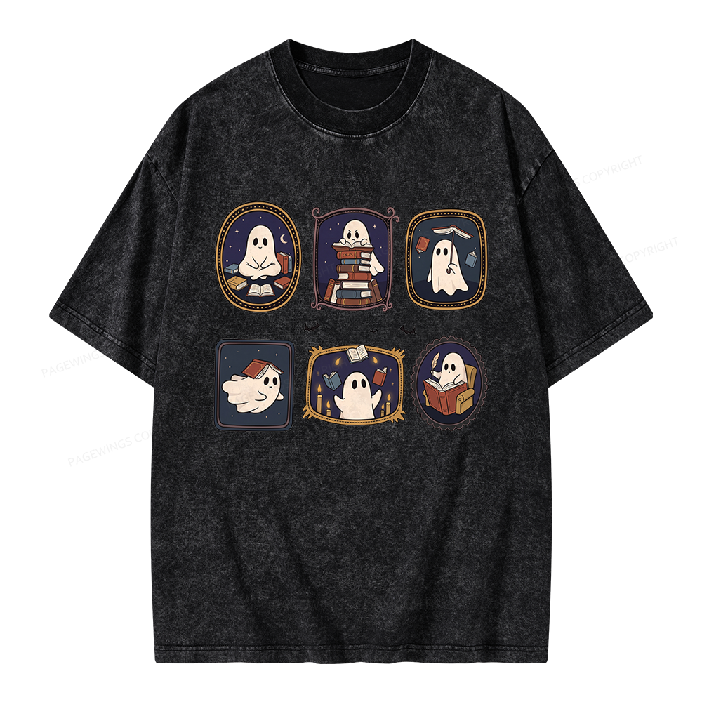 Pagewings Ghost Reading Book Unisex Washed T-shirt