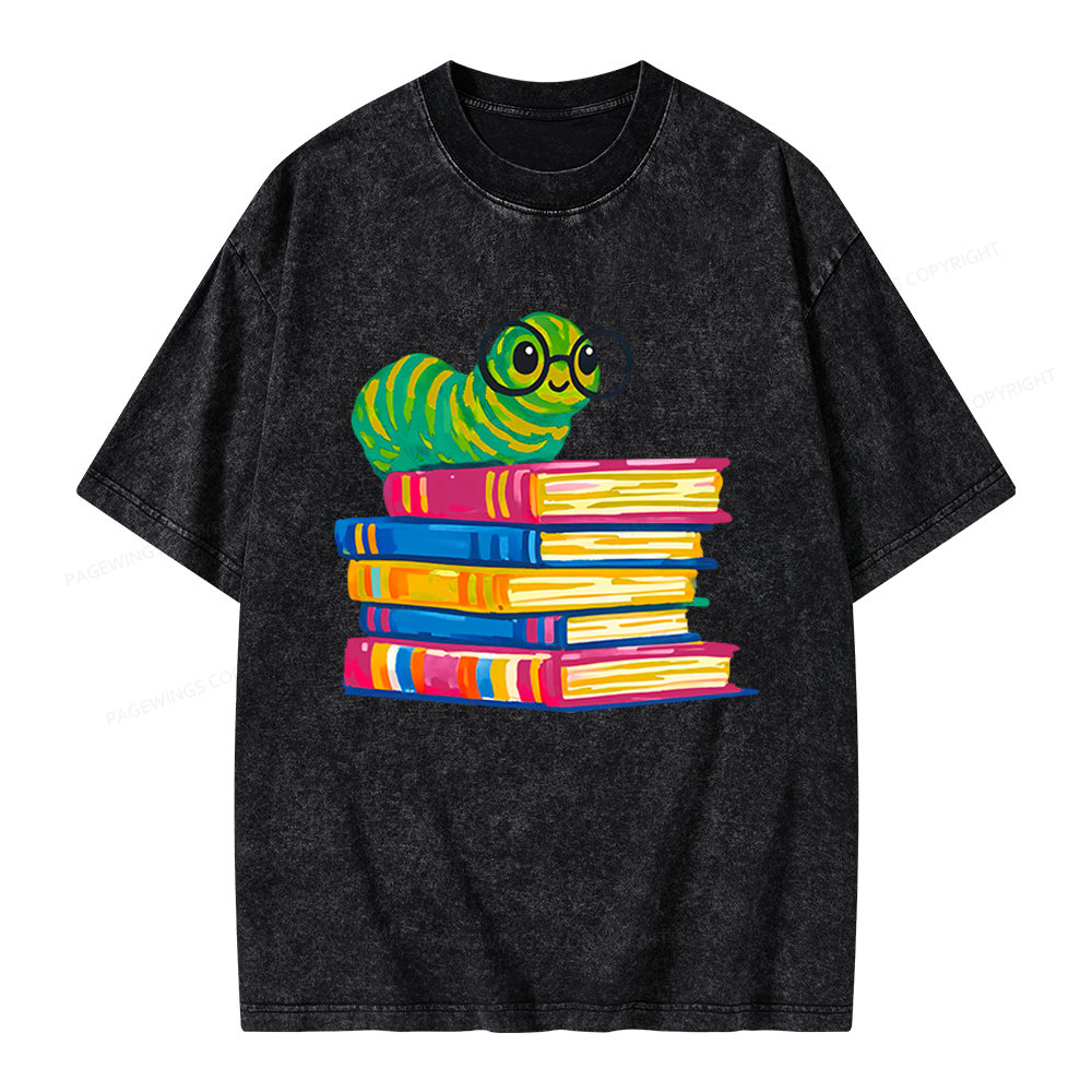 Pagewings Cute Reading Worm Unisex Washed T-shirt