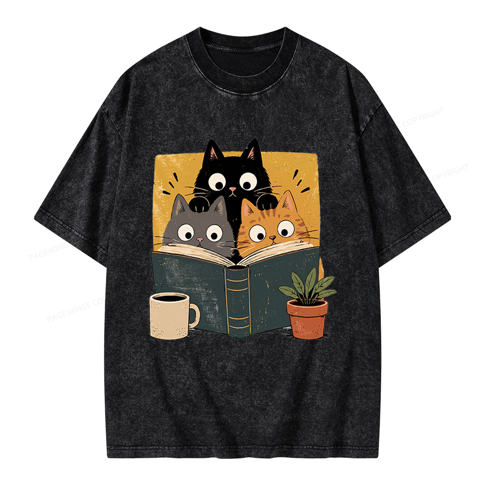 Pagewings Retro Curious Reading Cats Unisex Washed T-shirt