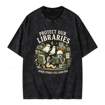 Pagewings Protect Our Libraries Unisex Washed T-shirt