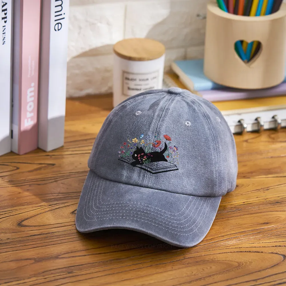 Pagewings Cute Book Cat Washed Cap