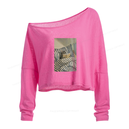 Pagewings Cat Reading Book in Bed Slouchy Long Sleeve Off Shoulder T-shirts