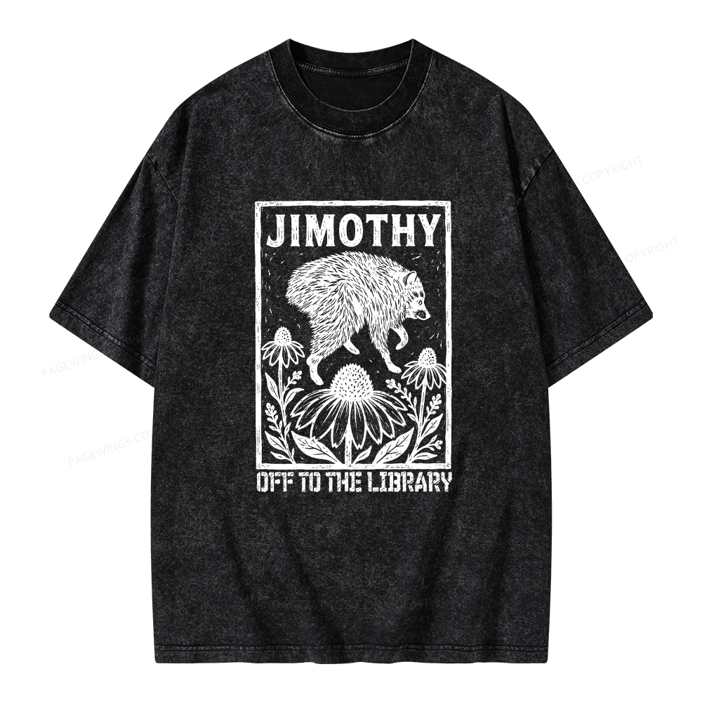 Pagewings Raccoon Meme Off To The Library Unisex Washed T-shirt