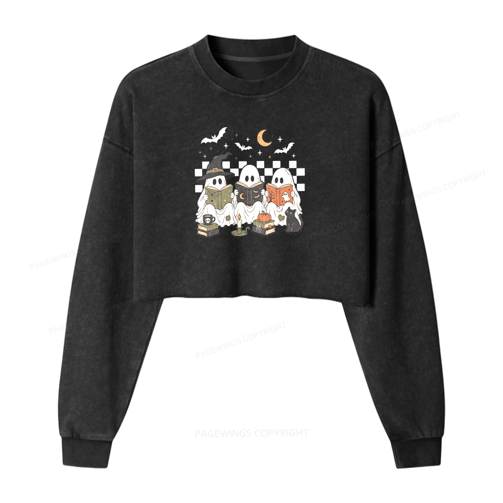 Pagewings Spooky Ghost Reading Books Washed Crop Sweatshirt