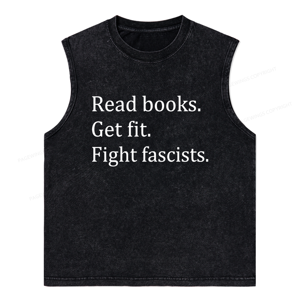 Pagewings Read Books Get Fit Fight Fascists Bookish Unisex Washed Tank Top